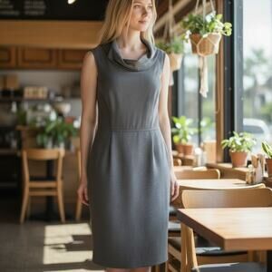 Tahari Gray Sleeveless Dress Sz 10 Cowl Neck Zip Up Back Slit Back